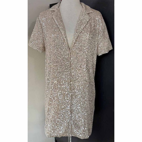Sunday in Brooklyn Women XSP Sequin Short Sleeve Mini Tunic Shirt Dress EUC - Picture 2 of 9